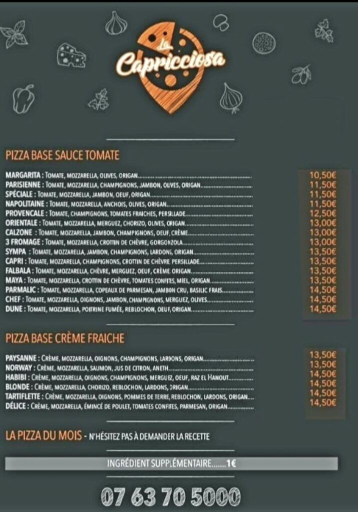 Menu foodtruck La Capricciosa vide dressing