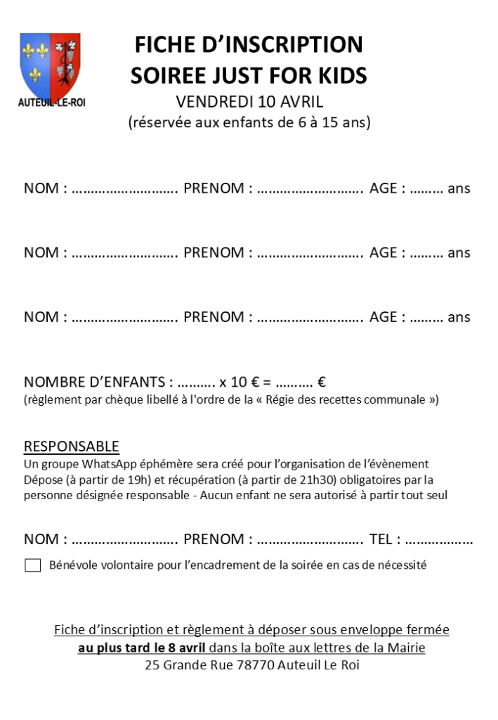 Fiche inscription Soirée Just for Kids du 10 04 2026