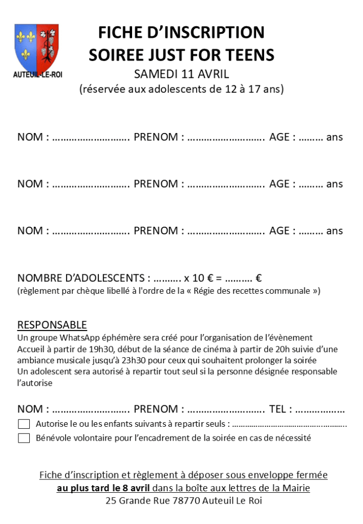 Fiche inscription Soirée Just for Teens du 11 04 2026